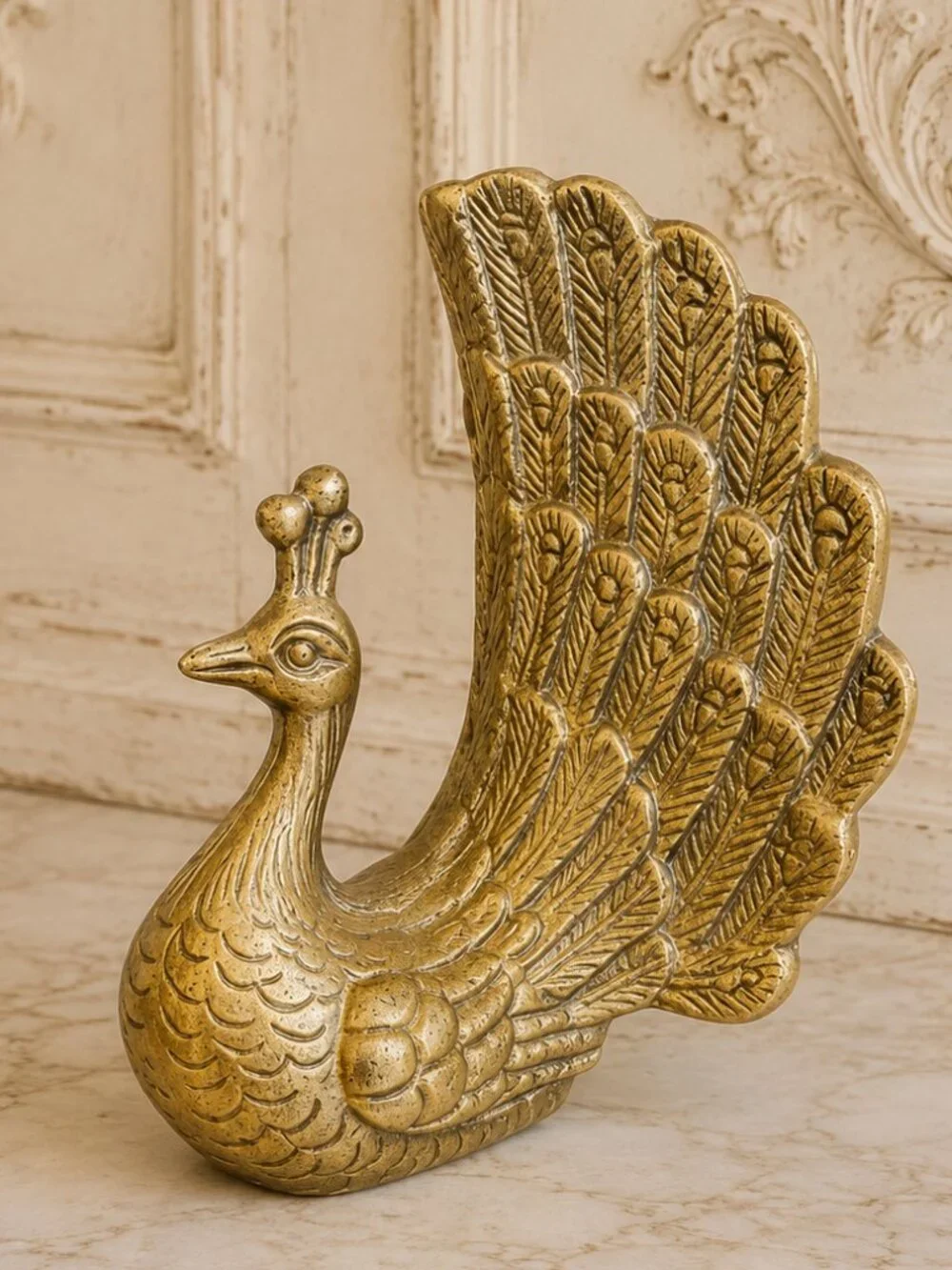 Vintage Brass Finish Peacock Figurine With an Ornate, Spread-Feather Tail Design